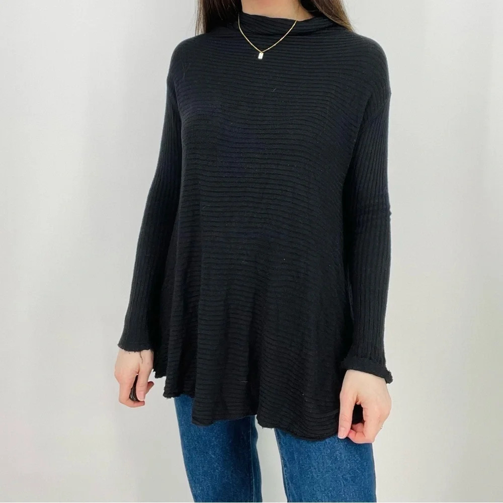 free people cowl neck thermal tunic oversized slouchy ribbed open back top black